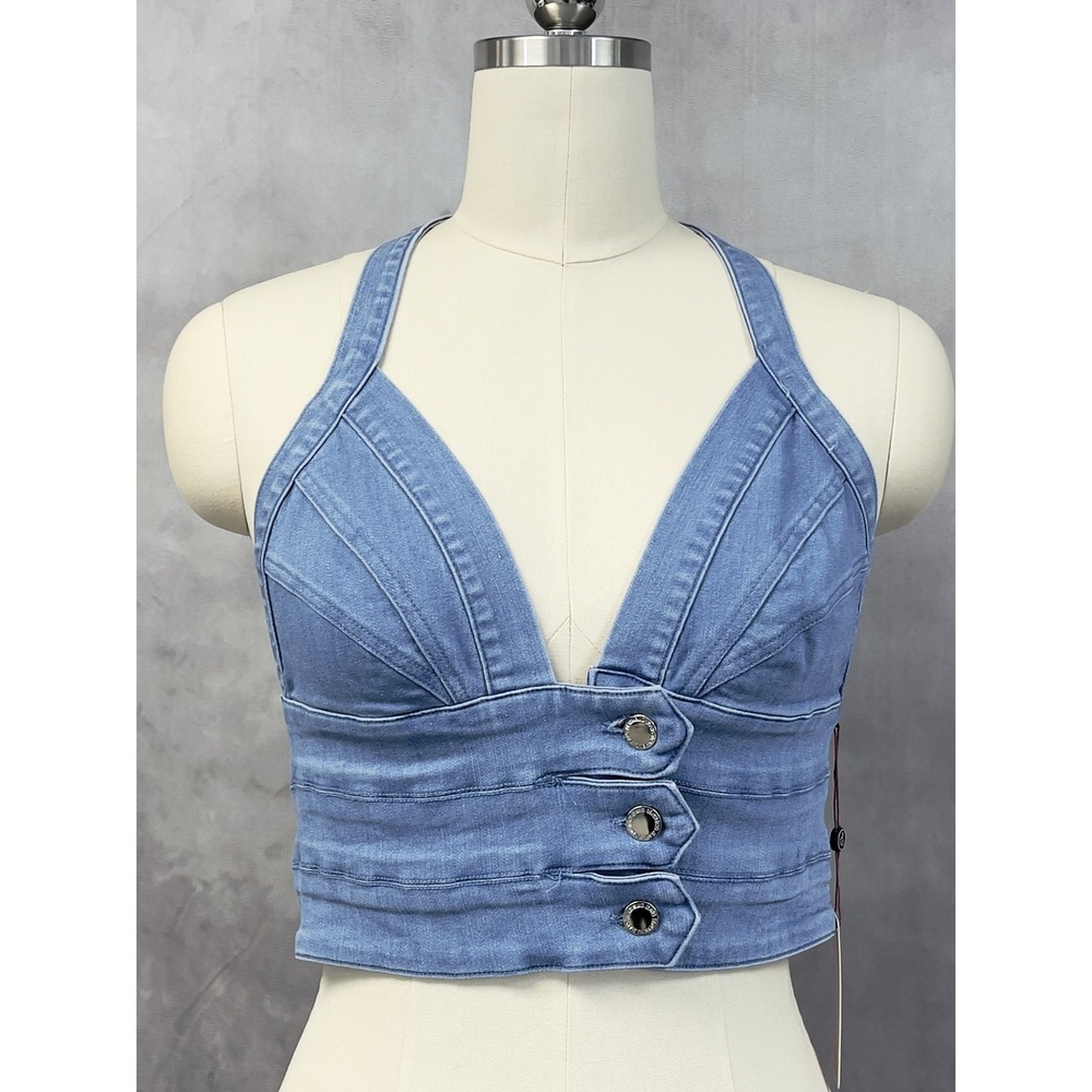 Denim Blvd‎ Halter Top Women Large Blue Stretch Crop Y2K Indie Boho Baddie Retro